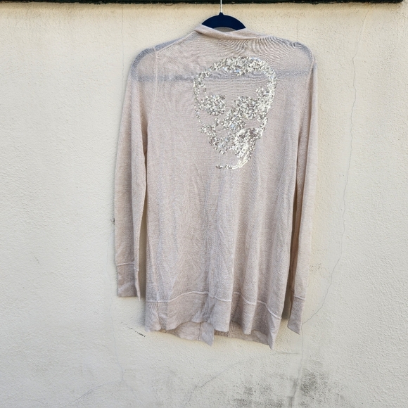 360SWEATER Sequin Skull Cardigan Cream Silver V neck Long Sleeve Women Size M - Picture 5 of 9